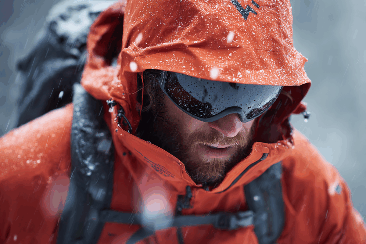 ゴアテックス素材の服を着て登山する男性